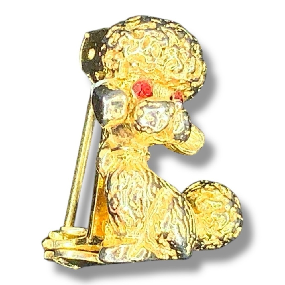 Vintage Celebrity NY Gold Poodle Brooch Red Rhinestone Rockabilly Retro Pinup